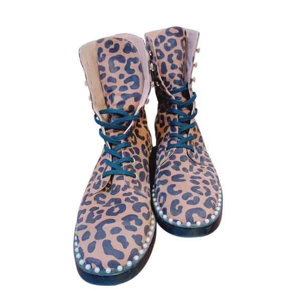 Stuart Weitzman Leopard Animal Print Lace-Up Ankle Boots Pearl Studded Trim 8 - Picture 2 of 7